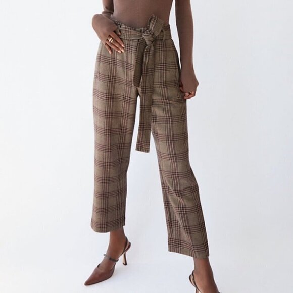 Aritzia Pants - Aritzia Wilfred Tie Front Plaid Pants Wool Brown tan Women's size small Neutral